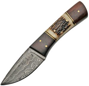 Damascus Fixed Blade Stag and Wood (3.5″)