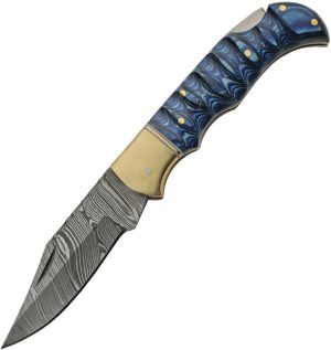 Damascus Grooved Lockback Blue (3″)