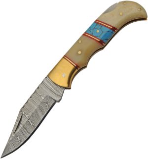 Damascus Lockback Bone/Turquoise (3″)